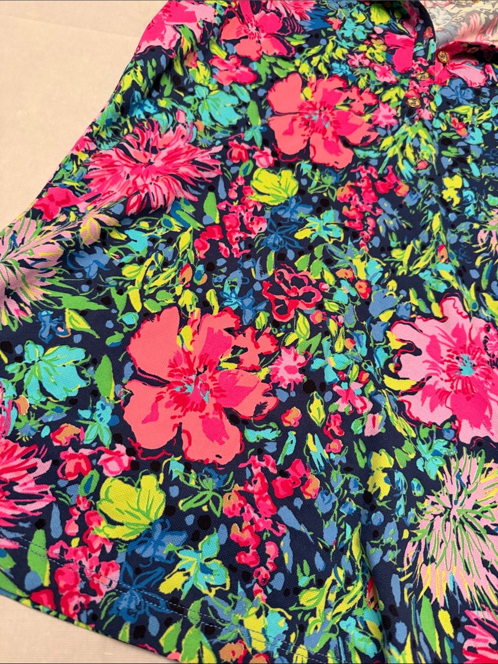Lilly Pulitzer Luxletic Navy Floral Polo with Pink & Green - Picture 2 of 8